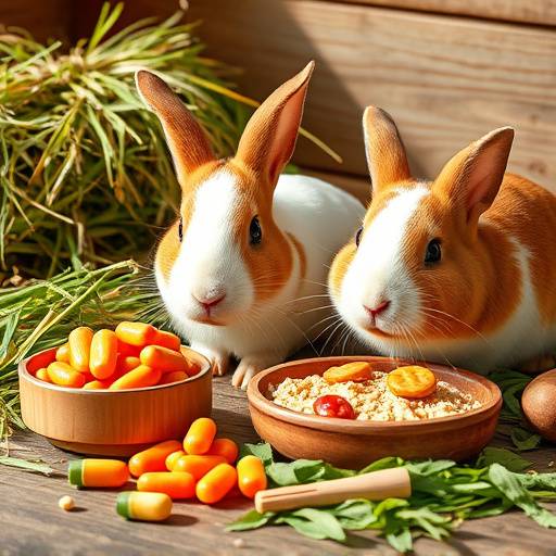 Alimentos balanceados y snacks saludables para conejos y cobayas, incluyendo heno de alta calidad y vitaminas.