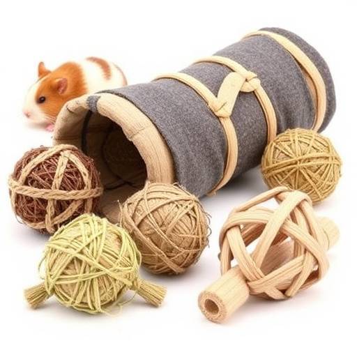 Juguetes interactivos y masticables para animales peque&ntilde;os, como t&uuml;neles, pelotas de heno y mordedores de madera natural, promoviendo la actividad f&iacute;sica.