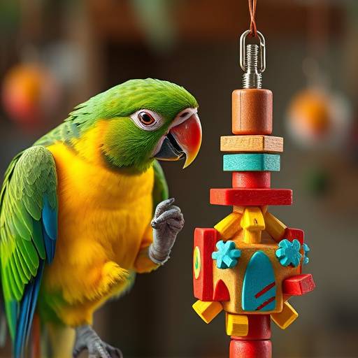 Loro jugando con un juguete de rompecabezas para aves