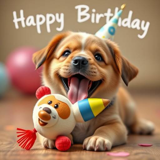 Perrito feliz recibiendo un juguete en su cumplea&ntilde;os