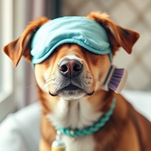 Perro con un antifaz y un cepillo, prepar&aacute;ndose para un d&iacute;a de spa