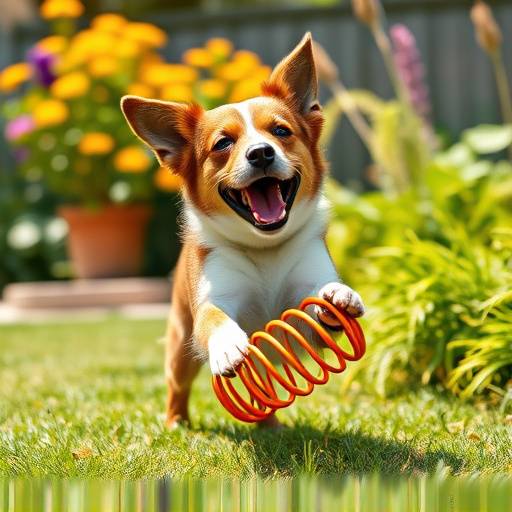 Perro jugando con un juguete de primavera en un jard&iacute;n soleado