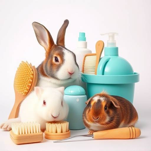 Productos de higiene y cuidado, como cepillos suaves para pelaje y accesorios para el aseo de conejos y cobayas.