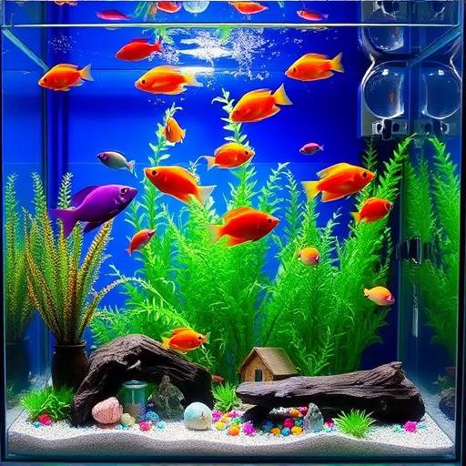 Un acuario vibrante con peces de colores nadando entre plantas acu&aacute;ticas y elementos decorativos.