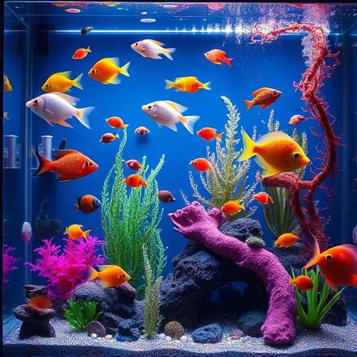Un acuario vibrante con peces de colores nadando entre plantas acu&aacute;ticas y decoraciones.