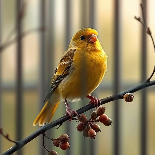 Un canario amarillo posado en una rama dentro de una jaula adornada con semillas.