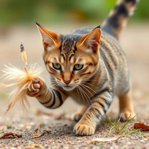 Un gato atigrado persiguiendo un juguete de plumas con gran inter&eacute;s.