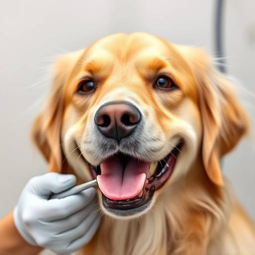 Un perro golden retriever sonriendo mientras un veterinario le revisa los dientes.