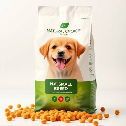 Un saco de pienso Natural Choice para cachorros de raza peque&ntilde;a, con granos dorados y un cachorro feliz en la etiqueta.