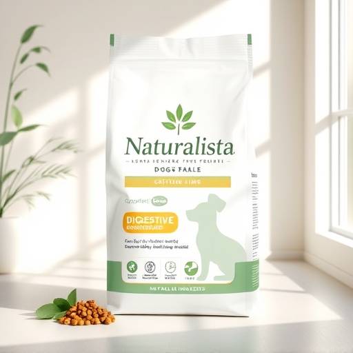 Un saco de pienso Naturalista para perros, con un dise&ntilde;o limpio y enfoc&aacute;ndose en ingredientes digestivos y calmantes.