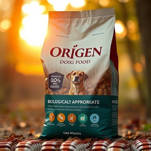 Un saco de pienso Orijen, con un enfoque en alimentos biol&oacute;gicamente apropiados para perros.