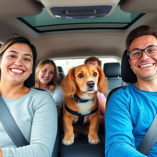 Una familia feliz viajando en coche con su perro sentado c&oacute;modamente en un asiento elevador